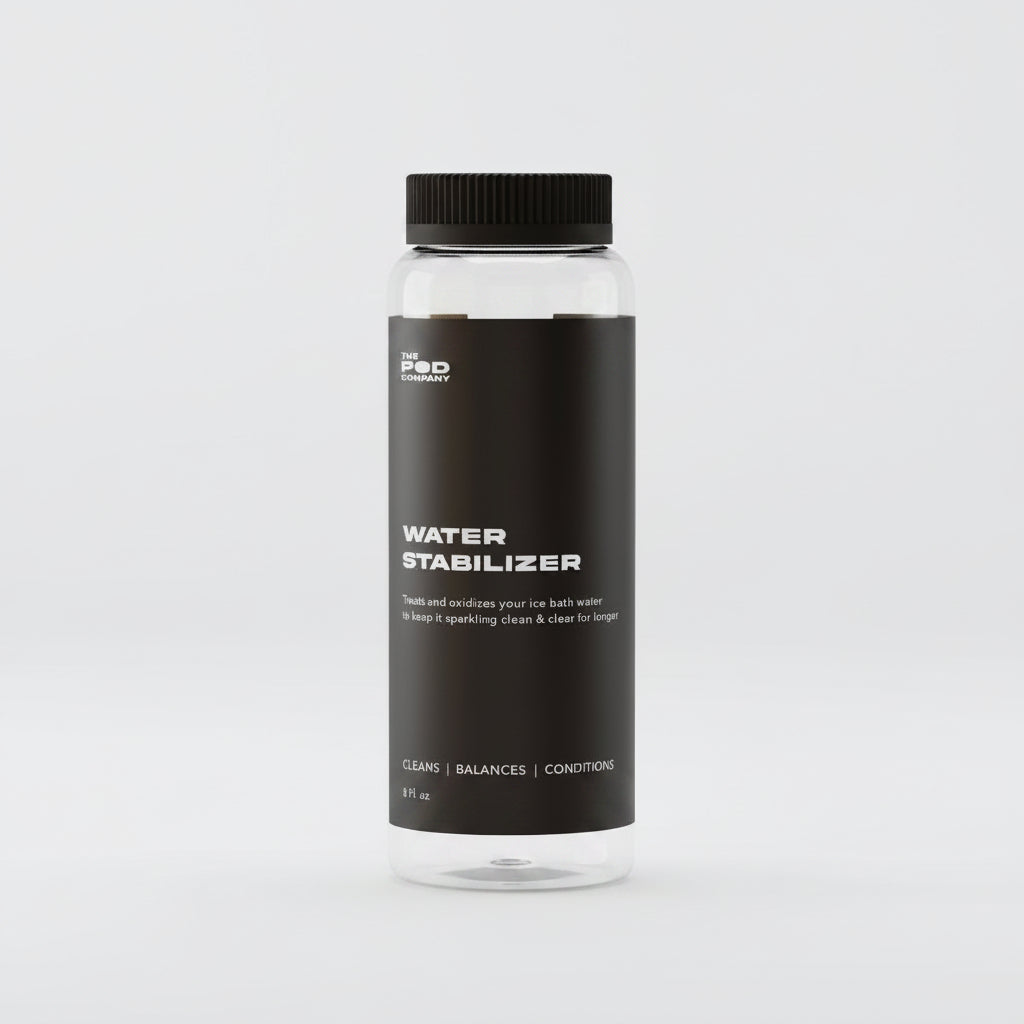 A bottle labeled 'Water Stabilizer' with a black cap and blue liquid inside, designed for pool maintenance.