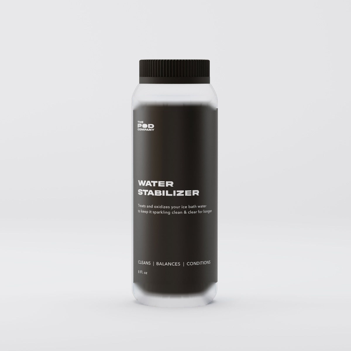 Bottle of water stabilizer with a black label on a white background