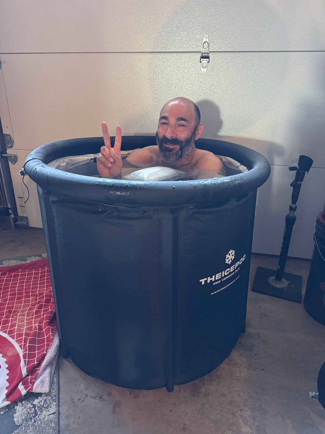 man in ice bath in garage