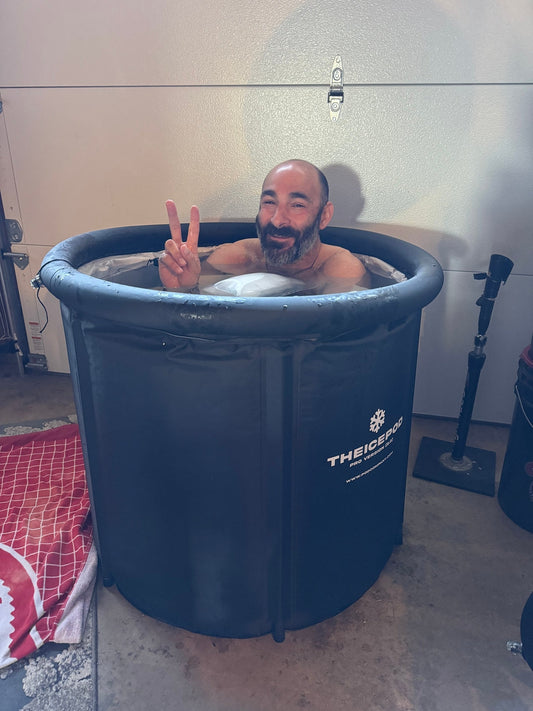 man in ice bath in garage
