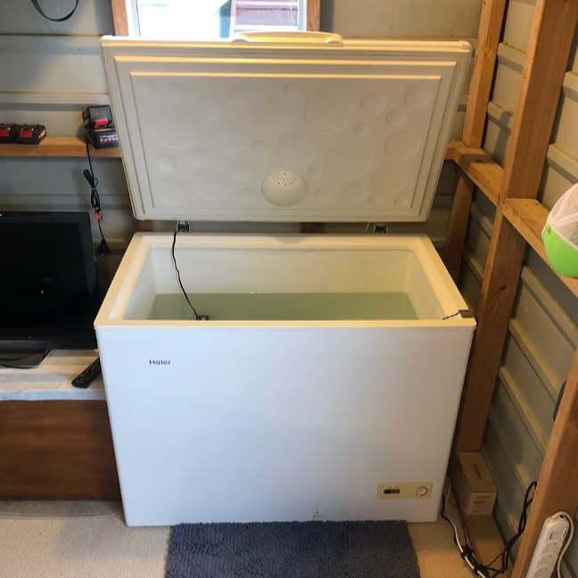 White freezer with open door in a room setting